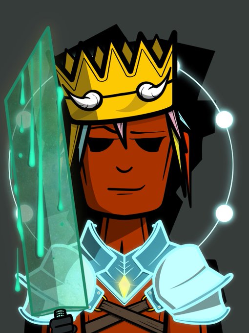 A cartoon-style character with dark skin and a golden crown holds a glowing green sword, wearing armor with a circular halo of lights behind them.