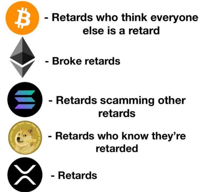 A meme categorizing different cryptocurrencies: Bitcoin, Ethereum, Solana, Dogecoin, and XRP, using the word 'retards' to describe their holders.