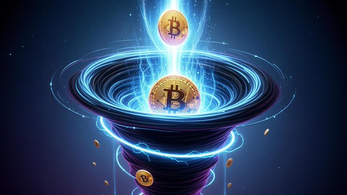 A digital illustration of golden Bitcoin coins swirling in an energetic vortex with blue light trails and electric energy effects against a dark cosmic background.