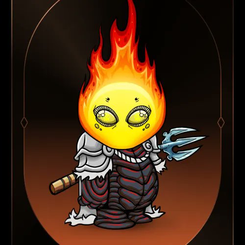 The image features a cartoon character with a fire face, wearing armor and holding a sword. The character appears to be a small, anthropomorphic figure that resembles a person or an animal. The background of the image is dark, which contrasts with the bright colors of the character's outfit and the flame on its face. The post seems to be discussing the character in detail, possibly related to Koda #9695 who has been bought for 1.78 ETH (ether).