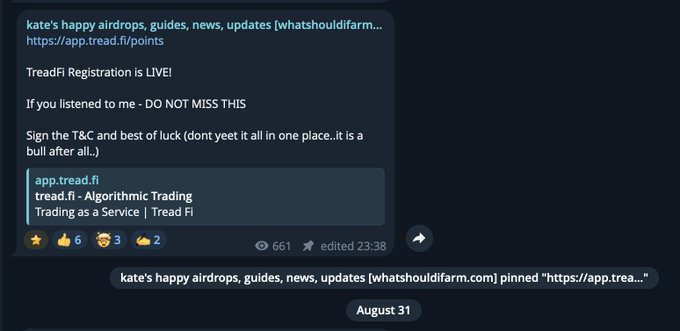 A Discord message from "kate's happy airdrops" channel announces that TreadFi Registration is LIVE, urging users to sign the T&C to claim rewards, with a link to https://app.tread.fi/points and a view count of 661. This directly supports the post's reminder that users must sign the terms and conditions on TreadFi before the deadline to claim their airdrop.