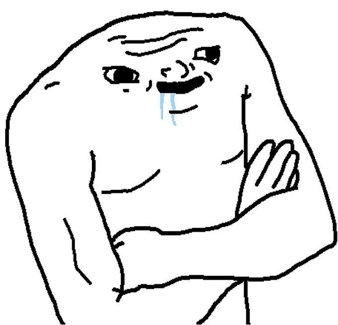 A black and white line drawing of a stylized, grumpy-looking character wiping a tear from its eye.