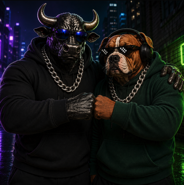 Stylized image of a chrome bull wearing sunglasses and chain necklaces bumping fists with a bulldog wearing pixel sunglasses and headphones, both in hoodies against a neon city backdrop.