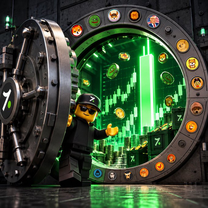 This image depicts a LEGO-style character opening a vault displaying various memecoin logos, including $PEPE and $DOGE, which aligns with the post's question about which memecoin to bring inside. The vault's interior shows a rising green candle chart, symbolizing a potential investment opportunity.