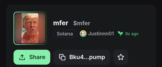 Screenshot showing a Solana-based memecoin called 'mfer $mfer' with a Donald Trump image, posted by user Justinnn01