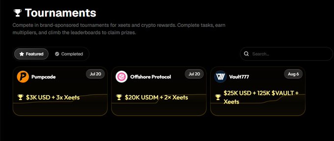 Screenshot of a 'Tournaments' page showing three featured crypto tournaments: Pumpcade ($3K USD + 3x XEETS), Offshore Protocol ($20K USDM + 2x XEETS), and Vault777 ($25K USD + 125K $VAULT + XEETS).