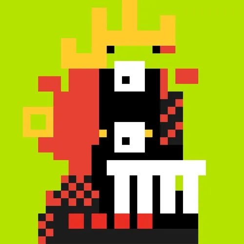 Pixel art character on a bright green background featuring a red and black figure wearing a crown and a large necklace, with 'GMGN' text incorporated into the design.