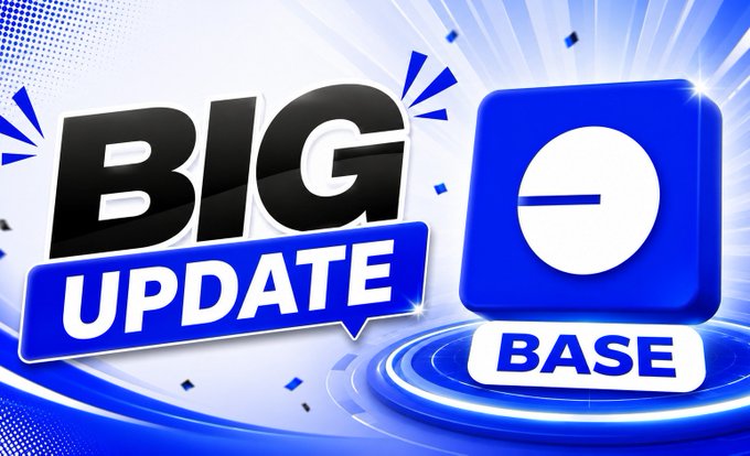 The image features a bold promotional graphic with "BIG UPDATE" in black and blue text alongside a blue square logo containing a white "e" symbol labeled "BASE," visually announcing significant news about the Base token and its potential Token Generation Event (TGE) as referenced in Coinbase co-founder Brian Armstrong's comments.