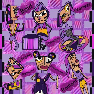 A vibrant purple artwork featuring stylized cubist characters labeled with words like 'Bold', 'Fearless', 'Dynamic', 'Strong', 'Resilient', 'Independent', and 'Radiant'.