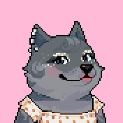 Pixel art portrait of a smiling grey dog with pink cheeks wearing a white and red checkered collar against a pink background.