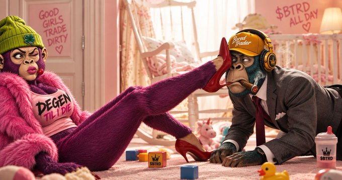 Stylized advertisement showing a woman in pink fur and a suited chimpanzee smoking a cigar in a pink nursery, with text reading 'GOOD GIRLS TRADE DIRTY', 'DEGEN TIL I DIE', and '$BTRD ALL DAY'.