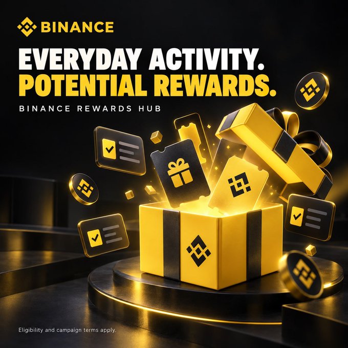 A promotional advertisement for Binance Rewards Hub featuring a glowing yellow gift box with the Binance logo emerging from it, surrounded by floating digital gift cards and coins, with the tagline "EVERYDAY ACTIVITY. POTENTIAL REWARDS."