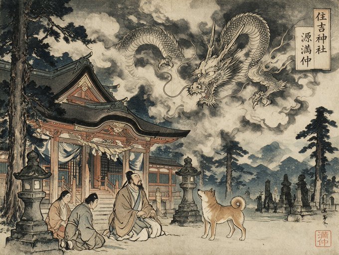 A traditional Japanese-style painting depicting people in historical robes at a shrine, with a dog looking up at a large dragon emerging from the clouds, with the text "住吉神社 源満仲".