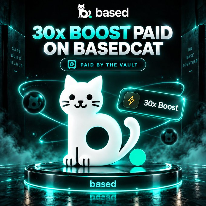Promotional graphic for "based" featuring a 3D white cat mascot, advertising "30X BOOST PAID ON BASEDCAT" with the tagline "PAID BY THE VAULT" and a 30x Boost badge.