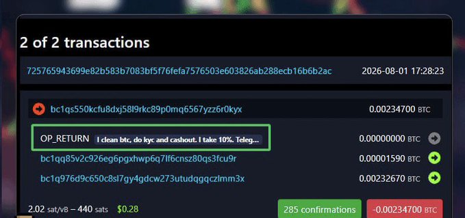 A screenshot of a Bitcoin transaction page showing 2 of 2 transactions, including an OP_RETURN message reading 'i clean btc, do kyc and cashout. i take 10%. Tedg...'