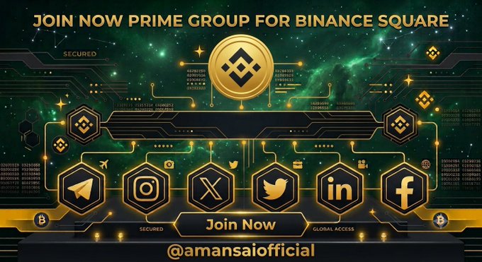 A promotional graphic reading 'JOIN NOW PRIME GROUP FOR BINANCE SQUARE' featuring cryptocurrency logos (BNB, BTC) and social media icons, with the handle '@amansaiofficial' at the bottom.