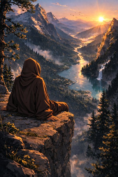 A hooded figure in brown robes sits on a cliff edge, gazing out over a vast mountain valley with a winding river and sunset, with waterfalls cascading down distant cliffs.