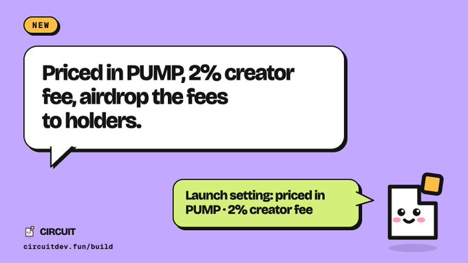 A purple promotional graphic with two speech bubbles stating 'Priced in PUMP, 2% creator fee, airdrop the fees to holders' and 'Launch setting: priced in PUMP · 2% creator fee', featuring the CIRCUIT logo and a kawaii cloud mascot.