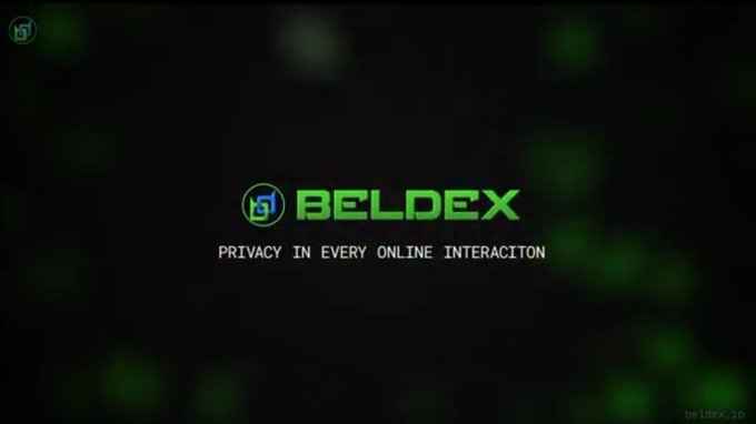 Logo screen for BELDEX with the tagline 'PRIVACY IN EVERY ONLINE INTERACTION' displayed on a dark background with green bokeh effects.