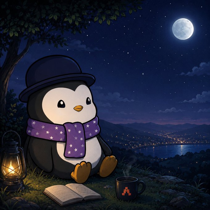 In this image, a penguin wearing a purple scarf sits on a grassy hillside with an open book next to him. The scene takes place at night under a starry sky, creating a serene atmosphere. A cup of coffee is also present in the scene, adding to the cozy ambiance. The post seems to be discussing the importance of AI and how it can be applied to various aspects of life, including security and computing infrastructures.