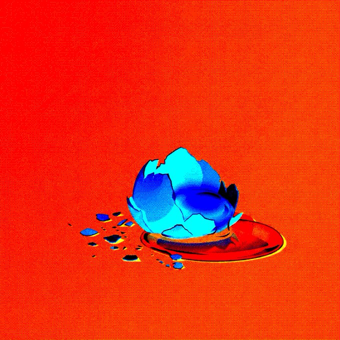 A cracked, surreal blue egg spills from a red eggshell against a vivid orange background, matching the post’s playful “EGG | 0.001 ETH” theme.