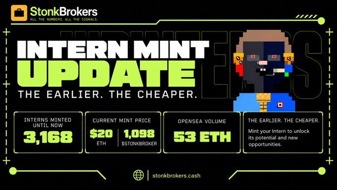 An infographic for 'StonkBrokers' announcing an 'INTERN MINT UPDATE' with stats showing 3,168 interns minted, mint price at $20 ETH / 1,098 $TONKBROKER, and 53 ETH OpenSea volume.