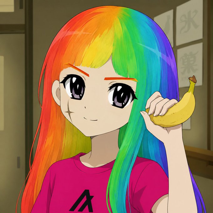 ikebana artist holds a banana with both hands, wearing a pink shirt and rainbow hair against a dark background.