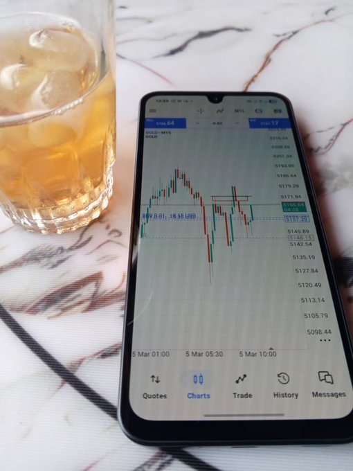 A smartphone on a marble-patterned surface displays a trading chart with red and green candles showing price movements around 5166-5196 range, dated March 5, with a glass of iced beverage beside it.