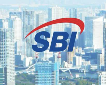 The image shows the SBI (SBI Holdings) logo overlaid on a cityscape skyline. The logo's prominent display of "SBI" connects to the post announcing that SBI Holdings has acquired a majority stake in Singapore-based crypto platform Coinhako.