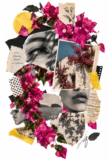 A mixed-media collage featuring torn images of an eye, lips, and a face alongside vibrant pink bougainvillea flowers, with handwritten text "some flowers bloom in silence."