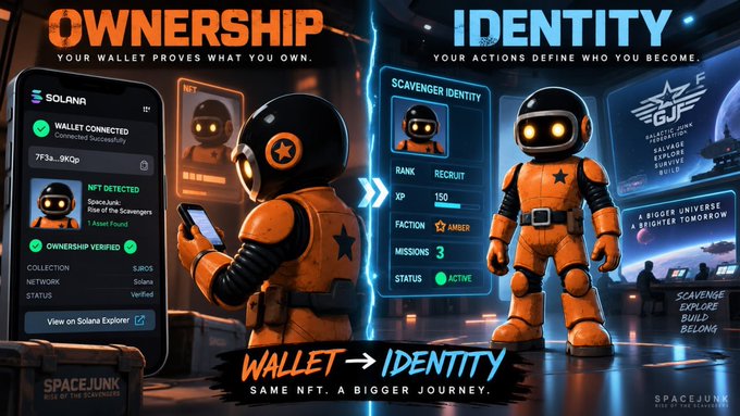 A promotional graphic for 'SPACEJUNK' contrasts 'OWNERSHIP' (Solana wallet connected, NFT verified) with 'IDENTITY' (Scavenger Identity with Rank, XP, Faction, Missions) featuring astronaut characters in orange suits.