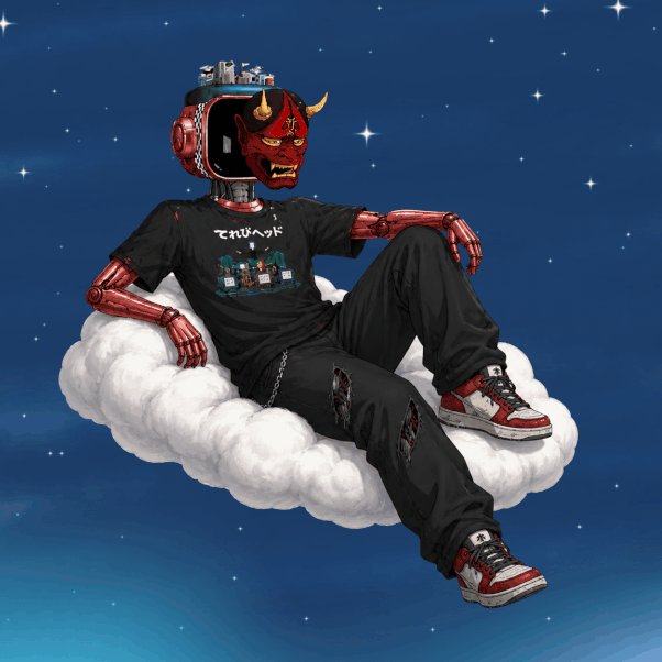 The image features an illustration of a robot wearing a red mask with horns sitting on a cloud. The robot appears to be a character from a comic book or anime, as indicated by its red mask and the presence of a large horn on its head. The background is a dark blue sky filled with stars, which adds depth and contrast to the scene. The image also includes text that reads "It'S great not to have any bugs today on @SuiNetwork I repeat: No stall and no incident on $SUI" and "@SuiNetwork".