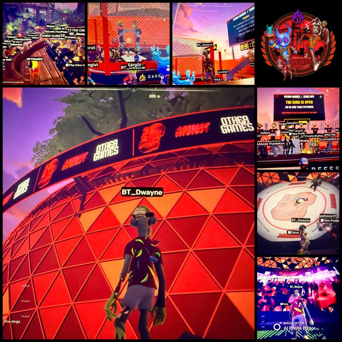 A collage of gaming screenshots showing a player named 'BT_Dwayne' in a red dome arena within a video game environment.