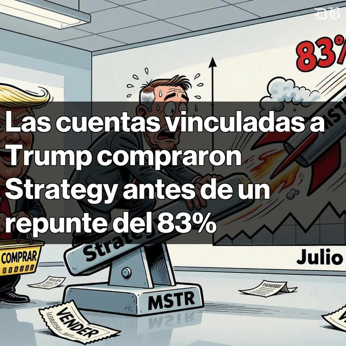 Spanish-language political cartoon with overlay text reading 'Las cuentas vinculadas a Trump compraron Strategy antes de un repunte del 83%' (Trump-linked accounts bought Strategy before an 83% surge), showing a sweating man operating a cannon labeled 'Strategy MSTR' with a 'COMPRAR' (buy) Trump figure nearby.