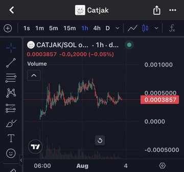 A TradingView chart displays CATJAK/SOL on a 1-hour timeframe, currently priced at 0.0003857 (down 0.05%) with visible dips below support—capturing the "dips are for buying meow meow meow" sentiment as a buying opportunity in the cat-themed memecoin.