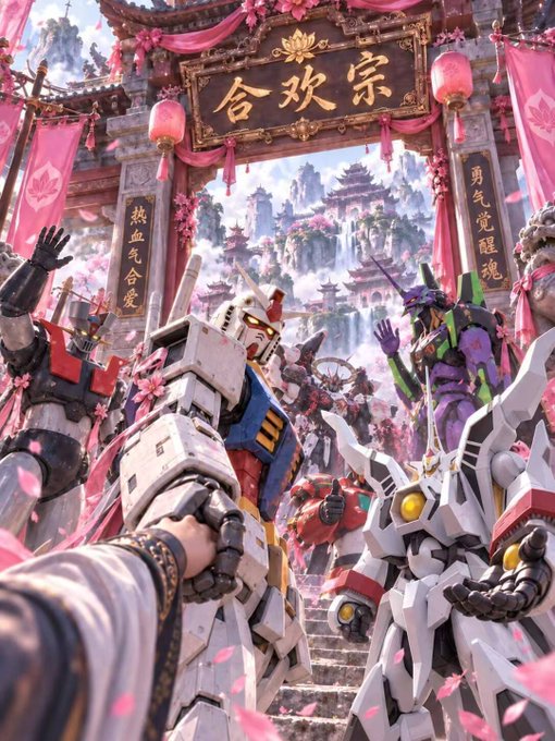 A vibrant fantasy artwork featuring Gundam mecha robots mixed with traditional East Asian architecture, pink banners with Japanese/Chinese characters like "合欢宗", cherry blossoms, and a temple setting.