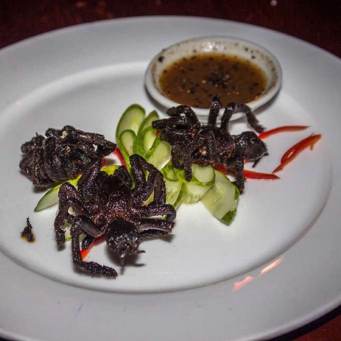 A plate featuring deep-fried tarantula spiders served alongside sliced cucumber, red chili peppers, and a small dish of dipping sauce—presented as a daring culinary challenge for those willing to pay 0.005 Bitcoin to try the exotic dish.