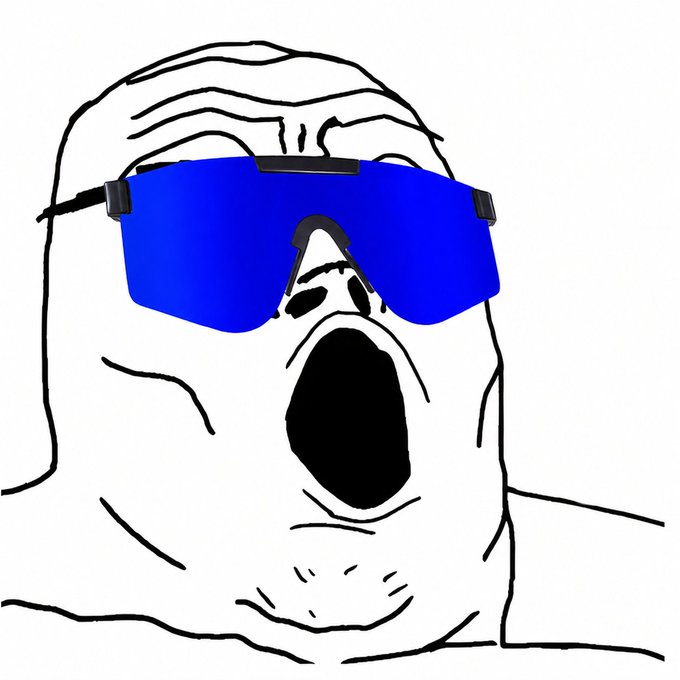 A cartoon illustration of a screaming "Wojak" face wearing large blue sunglasses.