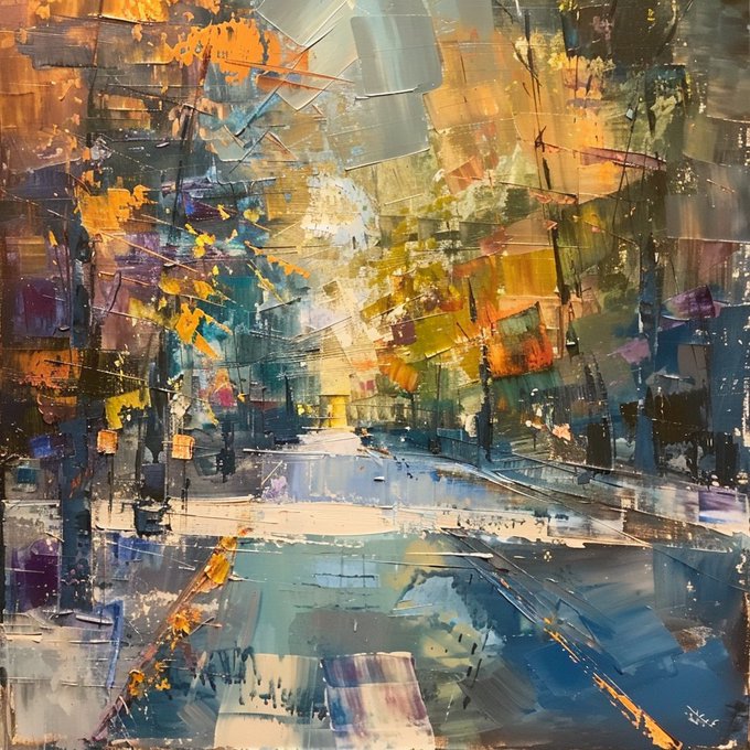 An abstract oil painting depicting an impressionistic cityscape or street scene with vibrant brushstrokes in yellows, blues, and oranges.