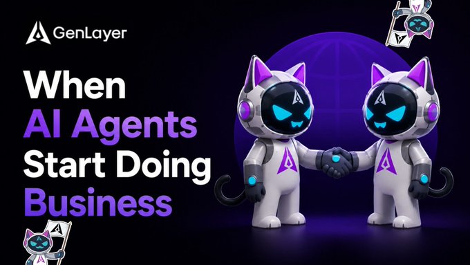 A promotional graphic for GenLayer titled 'When AI Agents Start Doing Business,' featuring two cat-eared robot characters shaking hands against a purple backdrop.