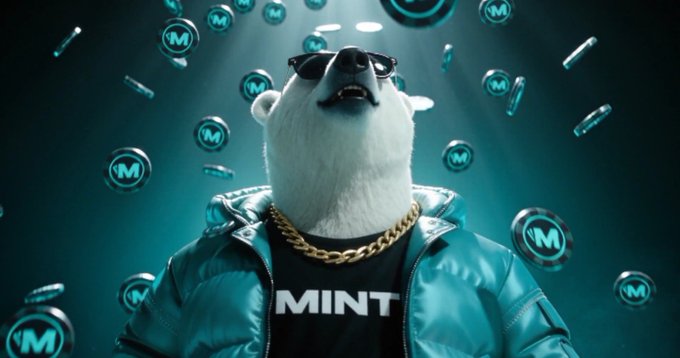 A 3D-rendered polar bear wearing sunglasses, a gold chain, and a teal puffer jacket over a black shirt with 'MINT' written on it, surrounded by floating green coins bearing the 'M' logo.