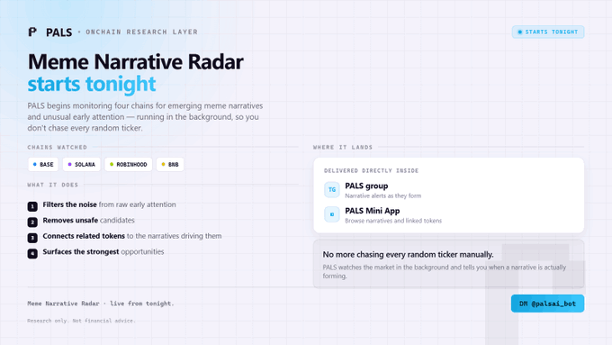 A webpage for 'PALS ONCHAIN RESEARCH LAYER' announcing a 'Meme Narrative Radar' service that monitors chains like BASE, SOLANA, ROBINHOOD, and BNB, with alerts delivered directly to the PALS group and Mini App.