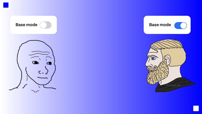 A side-by-side illustration comparing two stylized faces with 'Base mode' toggle switches: a basic 'wojak' line drawing on the left and a more detailed blonde-bearded 'nordic' character on the right.