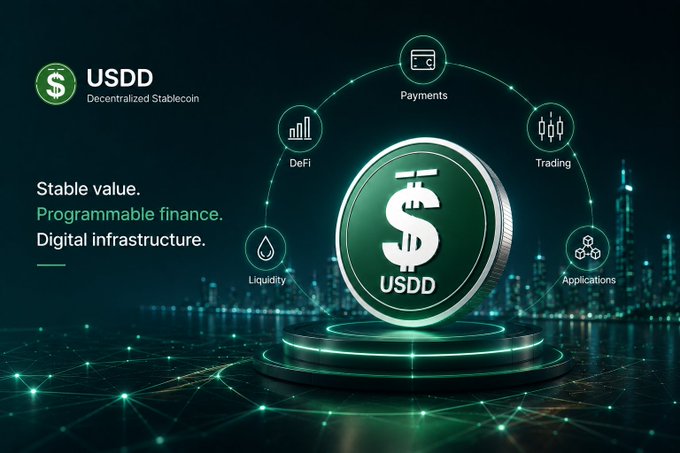 A promotional graphic for USDD Decentralized Stablecoin featuring a large green coin with a dollar sign on a pedestal, surrounded by icons for Payments, Trading, Applications, DeFi, and Liquidity, with text 'Stable value. Programmable finance. Digital infrastructure.'