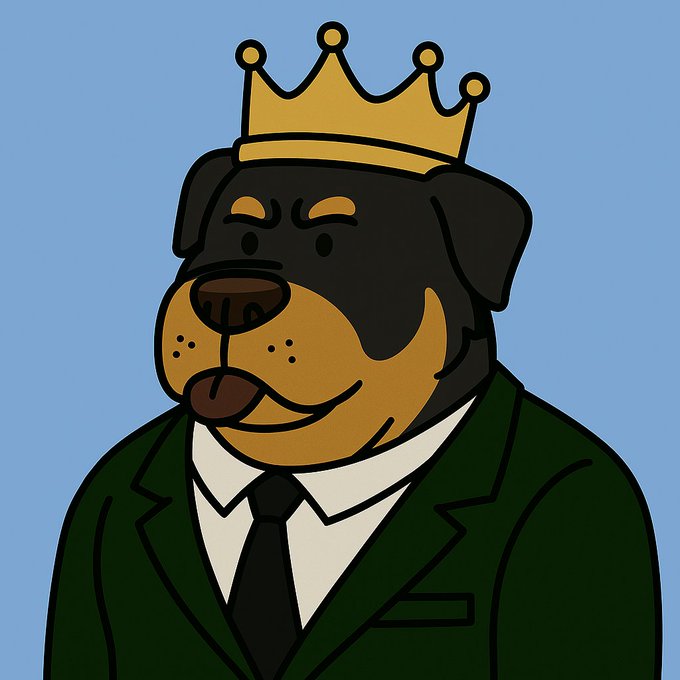 Cartoon illustration of a Rottweiler dog wearing a golden crown and a green suit with a black tie against a blue background.