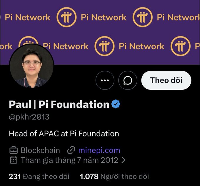 The image shows a Twitter/X profile for "Paul | Pi Foundation" (@pkhr2013), verified with a blue checkmark, listed as "Head of APAC at Pi Foundation" with 1,078 followers, and links to minepi.com. The post identifies Paul Kim as the Head of APAC for the Pi Foundation, confirming the identity shown in this profile.