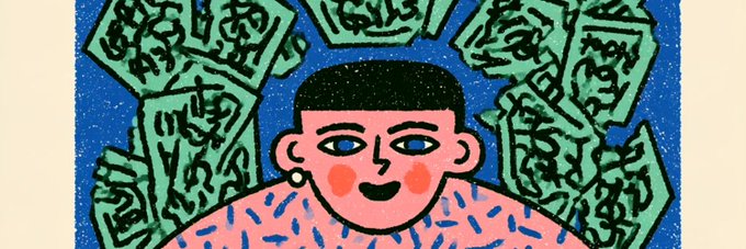 An illustration features a cartoon character with short dark hair, blue eyes, red cheeks, and a patterned pink shirt, surrounded by green dollar bills with scribbled details against a blue background.