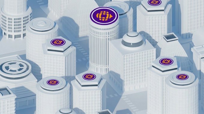 An illustration of white skyscrapers and city buildings features several rooftop helipads marked with a purple and yellow 'C' logo containing an 'H'.