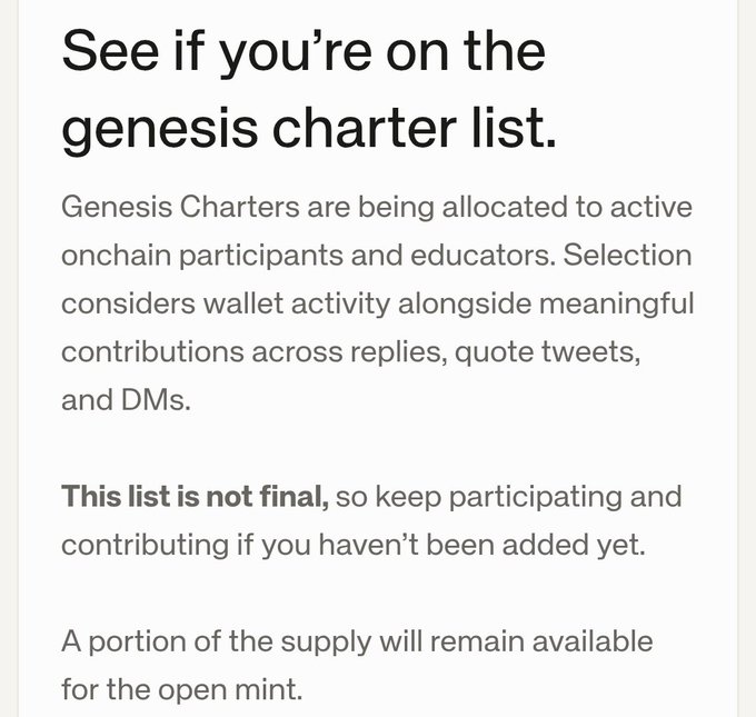Text announcement: "See if you're on the genesis charter list. Genesis Charters are being allocated to active onchain participants and educators. Selection considers wallet activity alongside meaningful contributions across replies, quote tweets, and DMs. This list is not final, so keep participating and contributing if you haven't been added yet. A portion of the supply will remain available for the open mint."