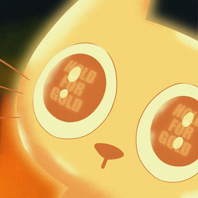 A close-up illustration of an orange cartoon cat's face features large, hypnotic eyes with the bold text "HOLD FOR GOLD" stamped repeatedly inside each pupil, visually reinforcing the post's message about gold as a stable but "boring" asset compared to more volatile crypto options like $CETS.